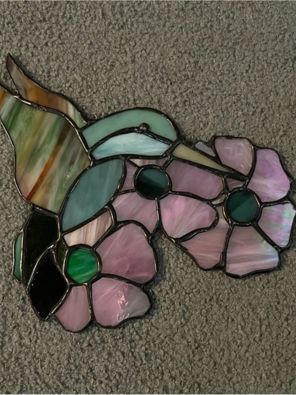 Vintage Large Hand Crafted Hummingbird Stained Glass Panel EUC